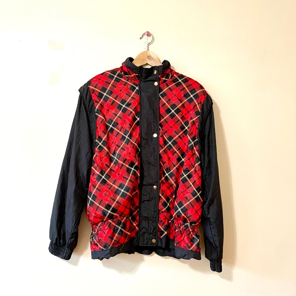 Vintage 80s Plaid Windbreaker Jacket Black Red Tartan Scottish Peplum Large